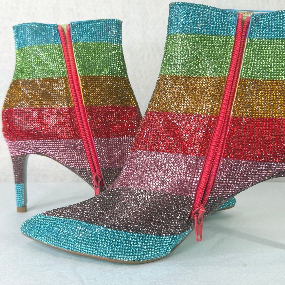 Betsey Johnson EMMY Rhinestone Ankle Boots Rainbow 8M Colorful Sparkle Stiletto - Picture 6 of 11